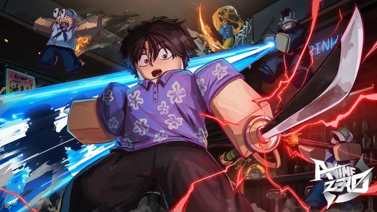 Official Anime Zero promotional artwork: an anime swordsman with cyan slash effects and a red-lit dungeon